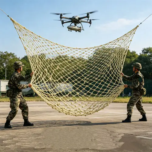 Airport perimeter anti-drone net installation showing mounted poles and tensioned netting
